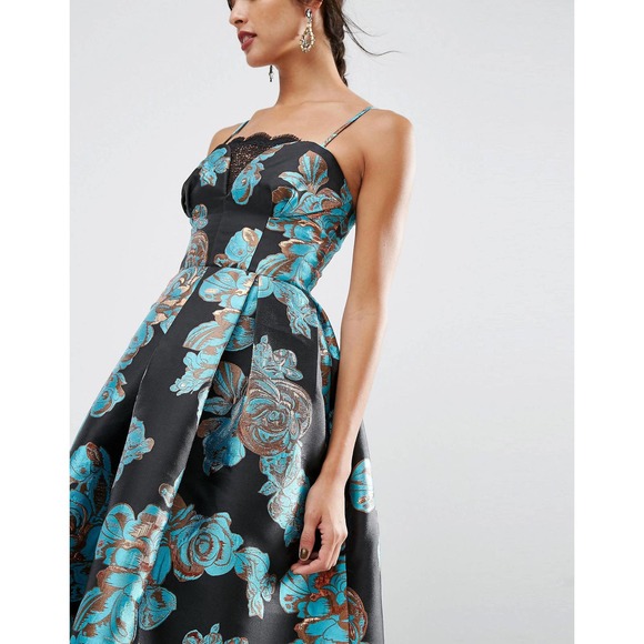 ASOS Salon Womens Metallic Flower Jacquard Midi Dress Blue Black Size 12 Prom - Picture 15 of 16